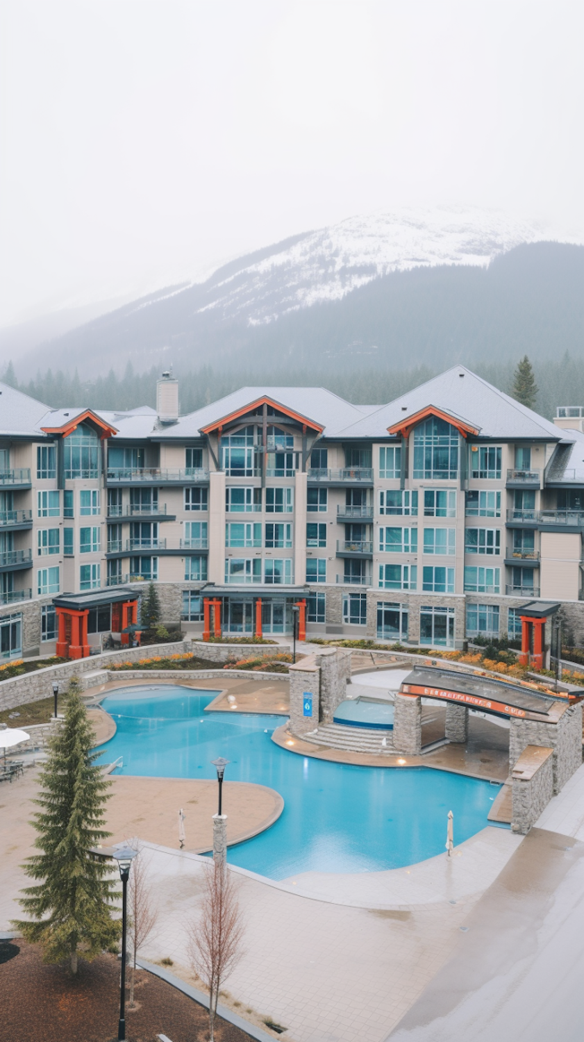 Snow-covered mountain resort village at dusk
