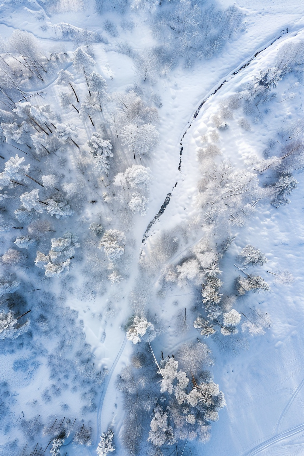 Aerial view of the snow-covered mountain around Snowshoe